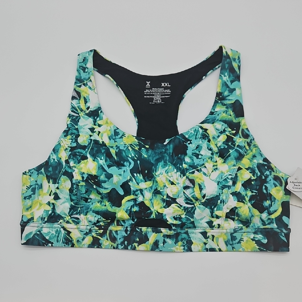 Xersion Green and Yellow Patterned Sports Bra Medium Support Size XXL